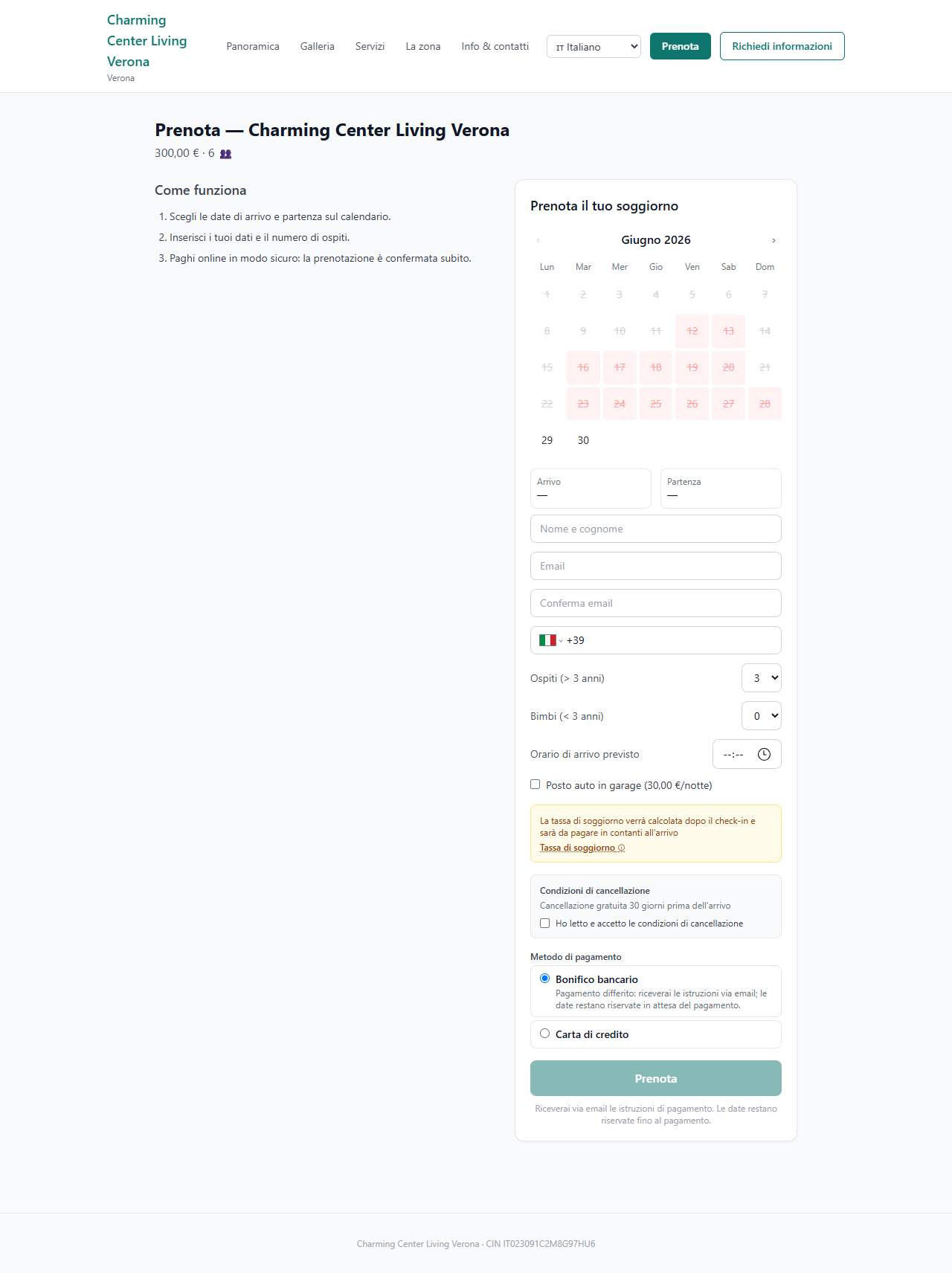 Calendario e modulo di prenotazione